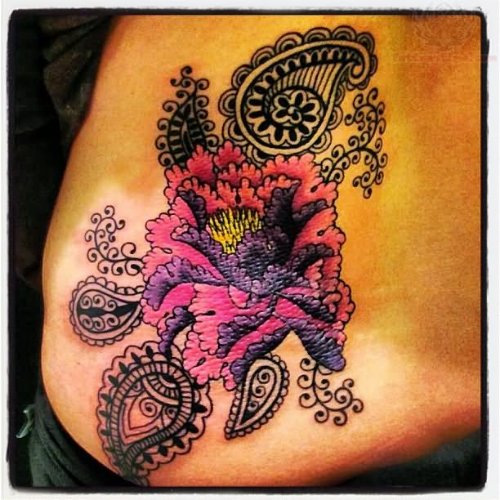 Paisley Pattern and Color Flower Tattoos On Side
